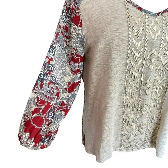 Miss Me Multimedia Top LARGE 3/4 Sleeves V-Neck Western Aztec Boho Casual Work - Picture 6 of 9